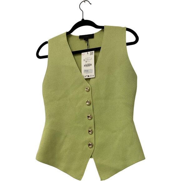 Zara Womens Knit Vest Top Small S Lime Green V-Neck Front Button 4192/003 NWT